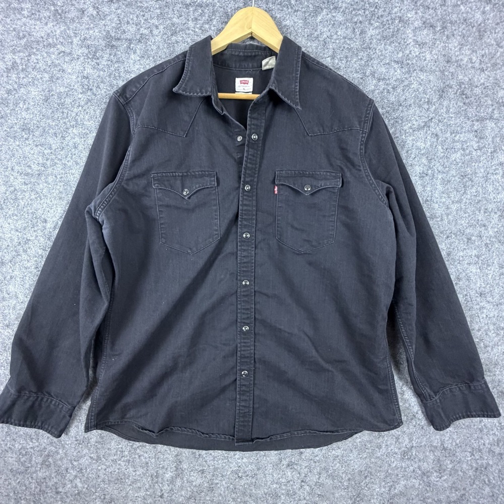 Levi's Western Shirt Mens XL Black Denim Standard Fit Chest Pocket Pearl Snap